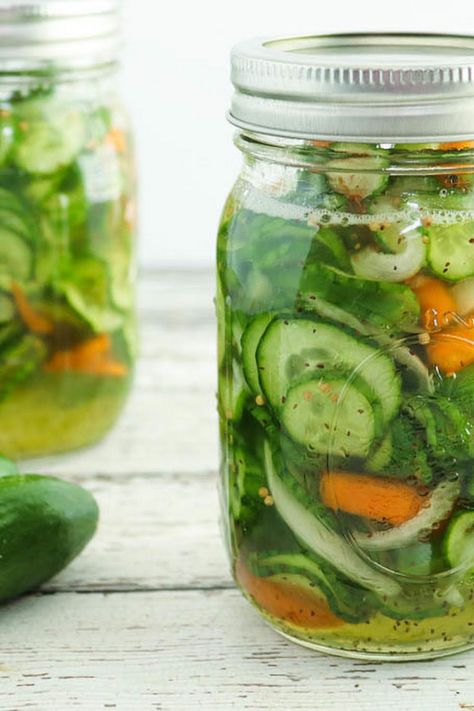 Fresh Pickled Cucumber Salad, Jarred Cucumbers, Canning Recipes With Cucumbers, Mixed Vegetable Pickles, Easy Pickled Cucumber Recipe, Canning Cucumber Salad, Pickled Onions And Cucumbers, Canned Cucumber Recipes, How To Make Pickles From Cucumbers