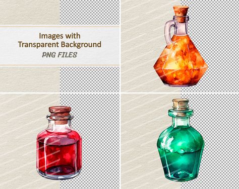 Magical Potions Art, Potion Bottles Illustration, Potion Bottle Clipart, Watercolour Potion Bottle, Potion Bottle Shapes, Witch Potion, Magic Bottles, Transparent Background, Digital Illustration