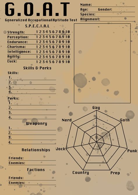 Fallout Character Sheet, Cool Dnd Character Sheet, Scp Oc Template, Fallout Oc, Character Sheet Writing, Rpg Character Sheet, Fallout Rpg, Dnd Character Sheet, Character Sheet Template