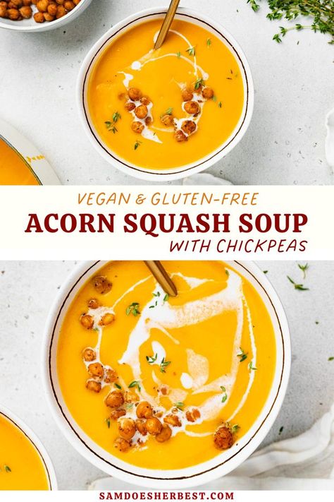 Vegan Acorn Squash Recipes, Vegan Squash Recipes, Vegan Acorn Squash, Soup With Chickpeas, Acorn Squash Soup, Chickpeas Recipe, Acorn Squash Recipes, Vegan Thanksgiving Recipes, Fall Recipe