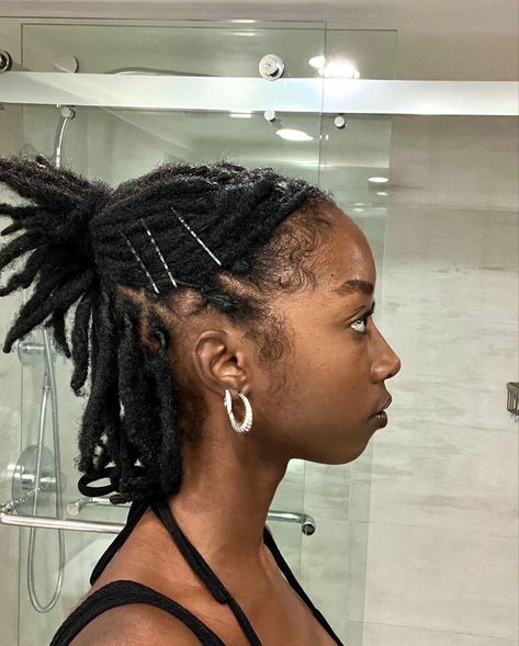 Loc Styles With Bobby Pins, Braided Loc Hairstyles, Medium Dreads Black Women Loc Hairstyles, Short Locs Ponytail, Chin Length Locs, 4c Locs 4c Hair, Locs In A Ponytail, Locs Half Up Half Down, Short Locs Women