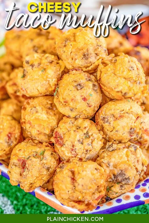 Cheesy Taco Muffins - perfect game day food. So easy to make and they taste fantastic. Ground beef, taco seasoning, cheese soup, Rotel diced tomatoes and green chiles, Bisquick, cheddar cheese, and buttermilk. Bake in mini muffin pans. I took the whole batch to our tailgate and only had a few leftover, and they reheated well for breakfast the next morning. #gameday #appetizer #mexican #taco #muffins #partyfood #beef Bisquick Recipes Appetizers, Bisquick Appetizer Recipes, Taco Muffins, Appetizer Mexican, Taco Appetizers, Beef Taco Seasoning, Muffin Cups Recipes, Ground Beef Taco Seasoning, Taco Bites