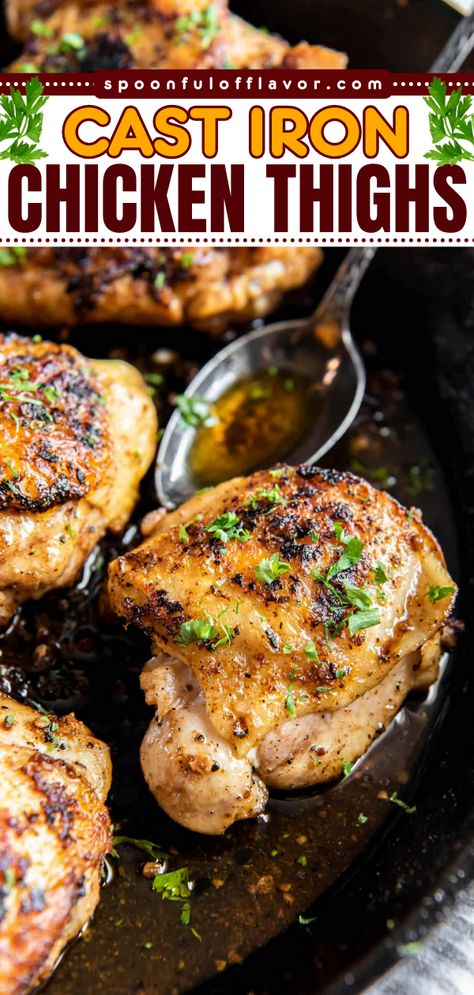 These easy Cast Iron Chicken Thighs cook completely on the stove top in under 30 minutes for a crispy and delicious weeknight meal! Quick Chicken Thigh Recipes Skillet, Chicken Legs On Stove Top, Skinless Bone In Chicken Thigh Recipes, Cast Iron Chicken Thigh Recipes, Bone In Chicken Thigh Recipes Stove Top, Bone In Chicken Thigh Recipes Cast Iron, Stove Top Chicken Thigh Recipes, Chicken Bone In Thigh Recipes, Chicken Thigh Recipes Cast Iron Skillet