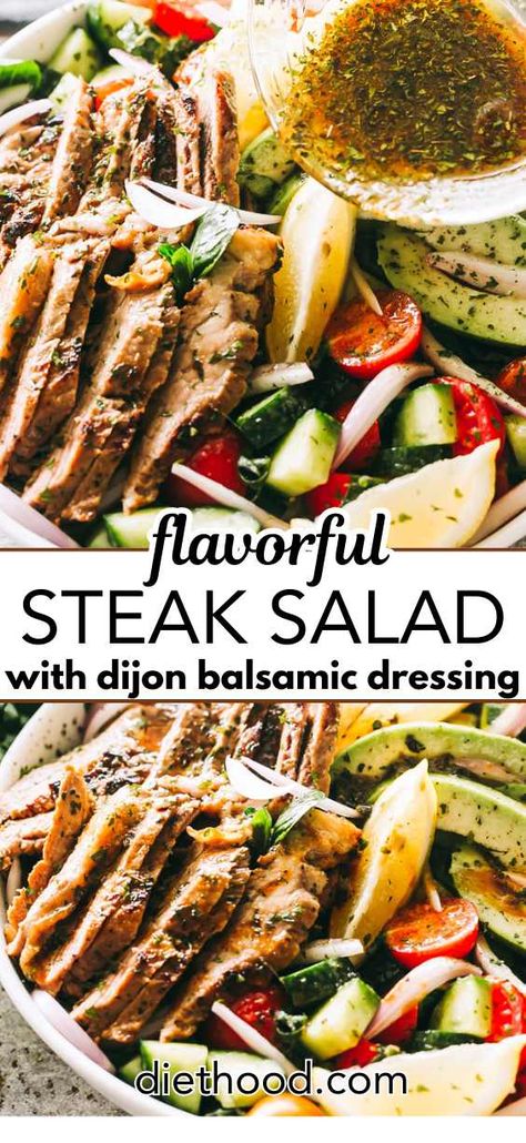 Steak Salad with Dijon balsamic dressing is prepared with a deliciously pan-seared sirloin steak and a flavorful dressing, along with romaine lettuce, tomatoes, cucumbers, avocado, red onion, and cheese. A fantastic dinner salad with wholesome ingredients. Steak Salad Dressing, Avocado Keto, Steak Salad Recipe, Protein Veggies, Delicious Steak, Beef Salad, Steak Salad, Balsamic Dressing, Salad Recipes For Dinner