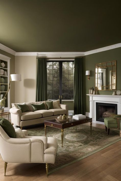 Beginners Free Guide to a Green Living Room Dark Forest Green Living Room, Green Copper Living Room, Brown And Sage Green Living Room, Olive Green Living Room, Fireplace Dark, Green Fireplace, House Necessities, Moody Rooms, Modern Vintage Living Room