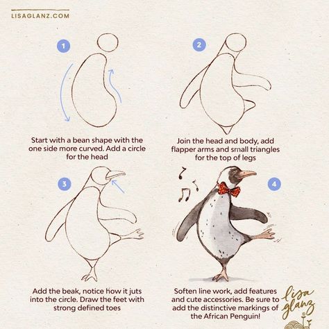 How to draw a dancing African Penguin 🎨 I chose our beloved African penguin but you can draw any penguin species you prefer, be sure to do a quick reference search to check your chosen species markings and colouring 😀 . Brushes used: AquaReal 2 Shadow brushes and Lisa’s Pencil / Canvas: Let’s Draw. #howtodraw #learntodraw #easydrawingtutorial #howtodrawcute #howtodrawanimals #howtodrawpenguins #drawingtutorial #stepbystepdrawing How To Draw Winter Animals, How To Draw A Penguin Step By Step, Little Christmas Drawings, Penguin Drawing Easy, Cute Animals Drawings, Penguin Doodle, Penguin Sketch, Penguin Character, Toddler Drawing