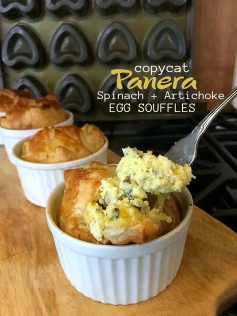 Puff Pastry Egg Souffle, Spinach Artichoke Souffle Panera, Panera Quiche Recipe, Panera Artichoke Souffle Recipe, Copycat Panera Spinach Artichoke Souffle, Panera Egg Souffle Recipe Puff Pastries, Spinach Artichoke Egg Casserole, Spinach Souffle Recipe Simple, Breakfast Souffle Recipes