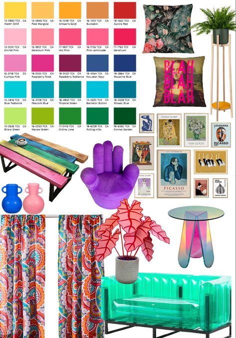 Colorful Mood Board in the Maximal style Eclectic Color Palette Mood Boards, Maximalist Mood Board, Maximalist Color Palette, Maximal Style, Eclectic Color Palette, Maximalist Interior Design, Colorful Eclectic, Boards Ideas, Maximalist Interior