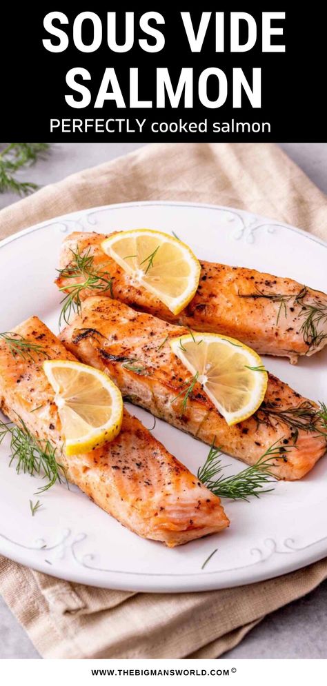 This sous vide salmon recipe is a foolproof way to cook perfect fish every single time. Flavored with lemon and dill and seared to perfection, it’s flaky, moist, and flavorful. Salmon Sous Vide, Healthy Sous Vide Recipes, Sous Vide Fish, Sous Vide Salmon Recipes, Sous Vide Salmon, Cooked Fish, Salmon Filets, Dill Salmon, Sous Vide Machine