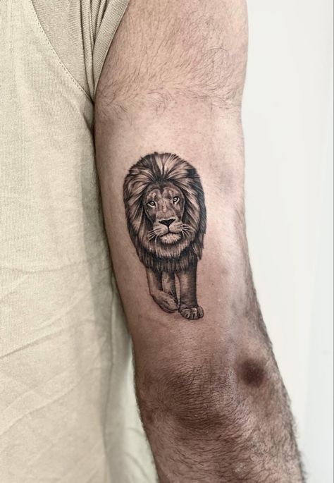 Lion walks to his prey Walking Lion Tattoo, Lion Walking Tattoo, Walking Tattoo, Walking Lion, Lion Walking, Tattoos Arm, Men Tattoos Arm Sleeve, Men Tattoos, Cross Tattoo