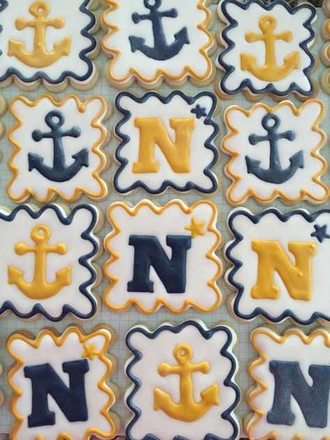 Decorated Navy cookies Decorated anchor cookies Bon Voyage Cookies Decorated, Navy Cookies United States, Us Navy Cookies Decorated, Navy Cookies Decorated, Dino Graduation, Navy Cookies, Anchor Cookies, Navy Cakes, Navy Retirement