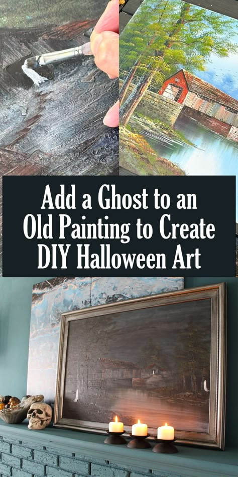 Add a ghost to an old painting to create DIY Halloween art! Thrifted Halloween Painting, Ghost Painting Trend, Paint A Ghost, Painting Upcycle, Ghosts Painting, Ghost Painting Ideas, Diy Halloween Art, Ghost Paintings, Farmhouse Lifestyle