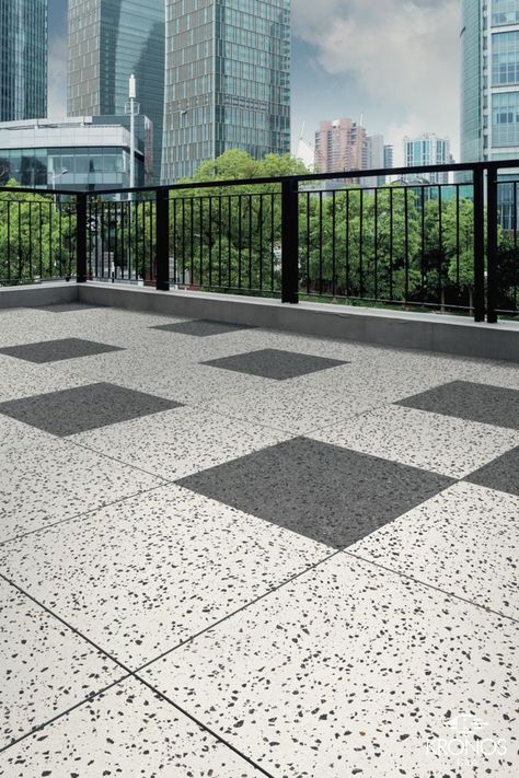 Rooftop pavers Inspiration - terrazzo look porcelain tiles. Collection by Kronos USA: Terrazzo WhiteBlack/Charcoal #kronosusa #kronosusapavers #madeinusa #porcelaintiles #porcelainstoneware #porcelainpavers #outdoortiles #outdoordesign #outdoorflooring #rooftoppavers #terracetiles #terraceflooring #rooftopfloor #roofdeck #roofpavers #raisedfloor #terrazzotiles #terrazzopavers #roofdecktiles #terrazzofloor #terrazzodesign #archilovers #landscaper #landscapedesign #architect Parking Granite Flooring Pattern, Terrazzo Flooring Outdoor, Terrace Tiles Outdoor, Rooftop Tiles, Terrazzo Floor Design, Parking Tiles Design, Terrace Designs, Room Tiles Design, Lodge Plans