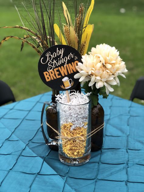 Beer Mugs Centerpieces, Diaper Keg Party Themes, Beer Themed Centerpieces, Dudes And Diapers Party Decorations, Diapers And Beer Party Ideas, Huggies And Chuggies Party Decor, Diaper Keg Party Decor, Oktoberfest Baby Shower Ideas, Pregger Kegger Decorations