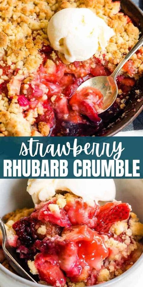 Tart rhubarb and sweet strawberries are topped with streusel crumbs to make this delicious and juicy Strawberry Rhubarb Crumble - a classic dessert recipe! Berry Rhubarb Crisp, Strawberry Rhubarb Crisp Recipe, Desserts Spring, Rhubarb Crisp Recipe, Rhubarb Crunch, Rhubarb Recipes Crisp, Tart Fruit, Strawberry Rhubarb Crumble, Crisp Topping