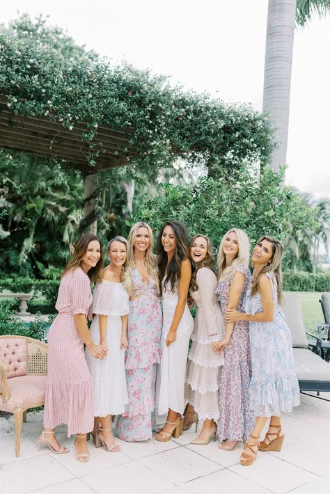 Floral Dress Garden Party, Bachelorette Floral Outfits, Floral Dress Bachelorette Party, Floral Dress Code Wedding, Floral Bridal Shower Outfit, Floral Garden Party Outfit, Mismatched Bridesmaid Dresses Colorful, Formal Garden Wedding Attire, Bridal Shower Looks Guest