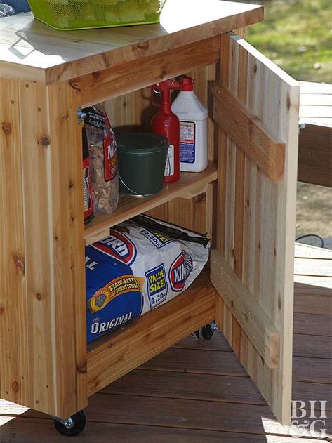 Attach casters to the bottom of a kitchen cabinet for a movable wooden deck box. The flat top provides an extra work surface, and the inside holds everything you need for grilling while keeping supplies dry. #deckstorage #organize #bhg Deck Storage Ideas, Under Deck Storage, Grill Accessories Storage, Outdoor Grill Station, Deck Seating, Porch Storage, Deck Storage, Outdoor Cabinet, Wooden Deck