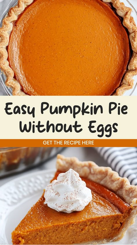 Looking for a delicious pumpkin pie recipe without eggs? You've come to the right place! This vegan-friendly dessert is easy to make and perfect for holiday gatherings. With a buttery crust and silky smooth filling, this eggless pumpkin pie will surely impress your guests. Serve it with a dollop of whipped cream or a scoop of vanilla ice cream for the ultimate treat. Get ready to indulge in all the flavors of fall with this must-try recipe! Pumpkin Pie Egg Free, No Egg Pumpkin Pie, Pumpkin Pie Without Eggs, Desserts With No Egg, Pumpkin Pie Recipe Without Eggs, Eggless Pumpkin Pie Recipe, Eggless Pumpkin Pie, Fresh Pumpkin Pie Recipe, Iodine Free Diet