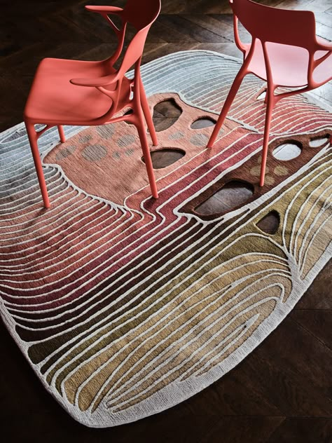 Science + Space Translate Into Hypnotic Atelier Tapis Rouge Rugs Warm Tone Colors, Tufting Rug, Stripe Rug, Carpet Designs, Sci Fi Design, Brand Moodboard, Stylish Rugs, Rug Direct, Striped Rug