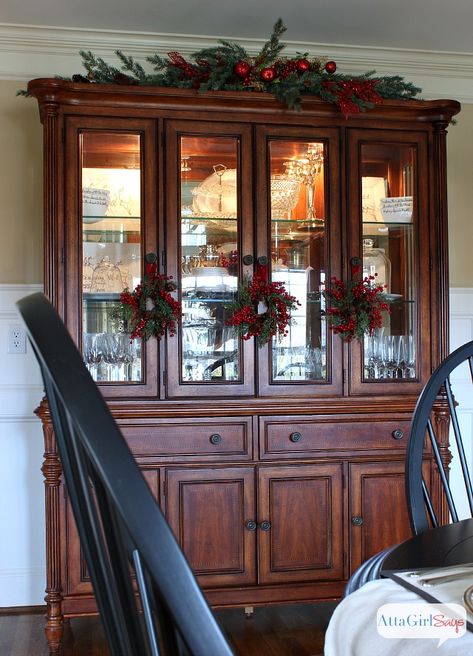 Large China Cabinet, China Cabinet Decor, Holiday Decorating Ideas, Christmas House Tour, Hutch Decor, Dining Room Hutch, Christmas Dining Room, Christmas China, Christmas Dining