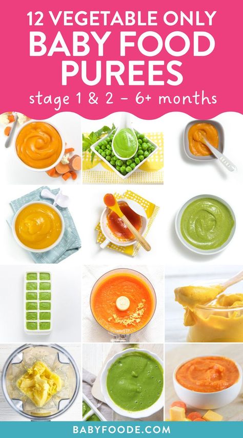 These 12 Vegetable Only Baby Food Purees are a great way to introduce baby to the delicious flavors of vegetables from the very first bite! Recipes for both stage 1 and 2 purees – 6 months and up. These homemade vegetable ONLY baby food purees are going to rock your little one’s world! #homemadebabyfood Baby Veggies, Pumpkin Baby Food, Avocado Baby Food, Baby Food Recipes Stage 1, Banana Baby Food, 6 Month Baby Food, Roasted Root Veggies, Vegetables For Babies, Baby Food Chart