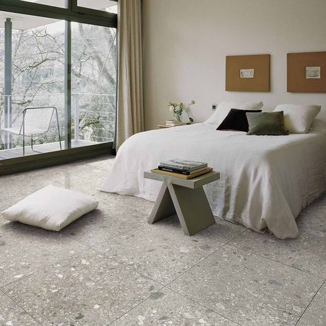 Grey Floor Tiles: Everything You Need To Know | Porcelain Superstore Bedroom Ceramic Floor, Bedroom Tiles, Terazzo Floor, Bedroom Tile, Tiles Outdoor, Gray Porcelain Tile, White Bedroom Design, Grey Floor Tiles, Bedroom Deco