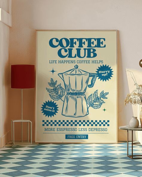 Retro style, coffee club poster, available to shop through the link in bio 👆 #retrohome#wallart#kitchendecor Coffee Poster Aesthetic, Retro Coffee Poster, Retro Diner Aesthetic, Coffee House Decor, Poster For Kitchen, Casita Ideas, More Espresso Less, Texture Paintings, Posters Uk