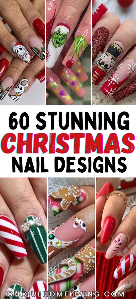 Get ready to nail your holiday look with these 60 Creative Christmas Nail Design Ideas You’ll Love! From classic red and green combos to modern metallics, snowy whites, and glitter accents, these designs bring festive cheer to your fingertips. Try fun reindeer art, snowflakes, candy canes, and elegant gold foil details for a mix of playful and sophisticated styles. Crazy Christmas Nail Designs, Colorful Christmas Nails Acrylic, Christmas Candy Nails Designs, Santa And Rudolph Nails, Christmas Nail Designs Sweater, Reindeer Nails Designs Xmas, Christmas Gel Nail Art Designs, Festive Nail Art Designs, Christmas Nail Art Ideas & Design