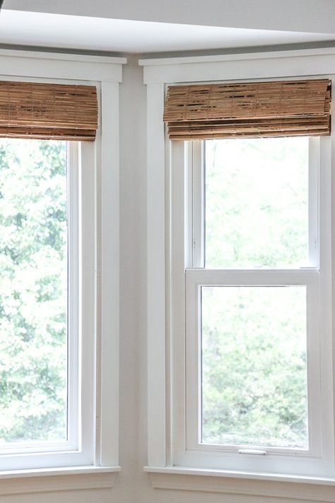 Creating Farmhouse Windows with Updated Trim and Blinds | Noting Grace Window Styles For Homes, Beachy Textures, Blinds For French Doors, Farmhouse Trim, Interior Window Trim, Farmhouse Window Treatments, Home Windows, Farmhouse Flair, Woven Wood Shades