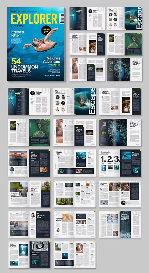 Modern Travel Magazine Template InDesign INDD, IDML. 36 Pages. Creative Layout Design Magazine, Newsletter Magazine Design, One Page Layout Design, Page Layouts Design, Magazine Layout Ideas Graphic Designers, Digital Brochure Design Layout, Magazine Book Design, Magazine Travel Design, Travel Magazine Layout Design Creative