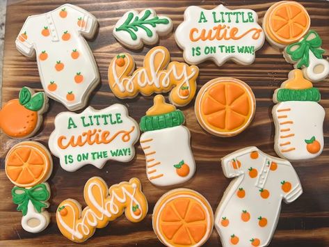 Cutie Baby Shower Cookies - Etsy Cutie On The Way, Cutie Is On The Way, Shortbread Recipe, Orange Baby Shower, Fruit Cookies, Baby Shower Theme Decorations, Themed Cookies, Sprinkle Baby Shower, Summer Baby Shower