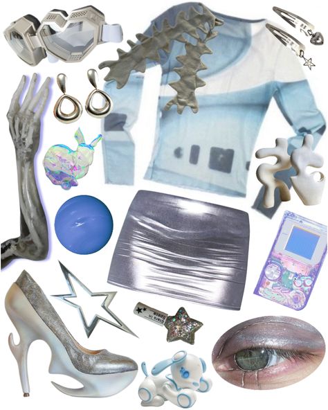 cyber chase outfit ideas | #cyber #futuristic #futurism #cybercore #blue #silver #white #funky #modern #robot #robotcore #futurefashion Robot Outfit Ideas, Robotic Outfit, Cybercore Moodboard, Y2k Cybercore Outfits, Cybercore Outfit, Cybergoth Outfits, Cybercore Blue, Futuristic Outfits, Futuristic Y2k