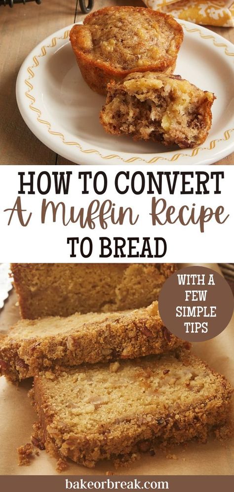 How to Convert Muffins to Bread (and Bread to Muffins). You just need to know a few simple tips to be able to convert muffins to bread and bread to muffins! Have you ever had a great recipe for muffins but wanted to bake a loaf instead? How about the other way around? Luckily, there’s not really a difference in the batter from the recipes for traditional muffins versus a loaf of quick bread. Muffin Loaf Recipes, Muffin Mix Bread Loaf, Martha White Muffin Mix Bread Loaf, Recipe For Muffins, Muffin Bread Recipe, Muffin Loaf, Martha White Muffin Mix, Muffin Mix Recipe, Pear Bread