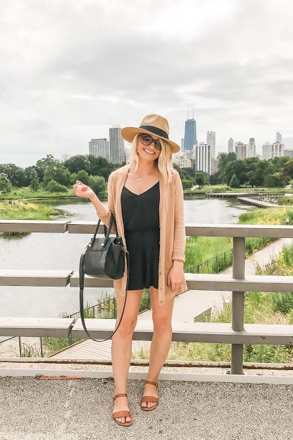 August Summer Outfits + 6 Years of Blogging | Thrifty Wife, Happy Life | Bloglovin’ | #summeroutfitideas Black Romper With Cardigan, Chicago Outfit Summer, Romper With Cardigan, Neutral Color Outfits, Summer Romper Outfit, Thrifty Fashion, Chicago Outfit, August Summer, Romper Outfit