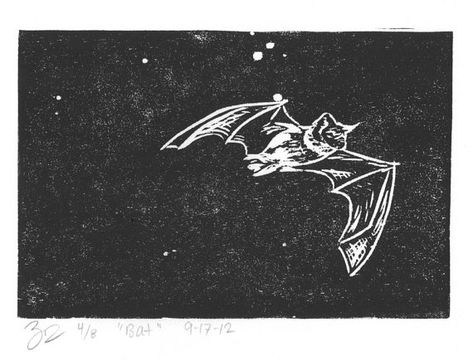 Bat woodcut print by LibrarianArtist on Etsy, $20.00 Bat Lino Print, Linocut Squirrel, Bat Linocut, Lino Printmaking, Bat Poster, Bat Tattoos, Bat Drawing, Bat Illustration, Unicorn Farts