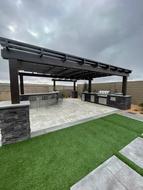 Small Backyard With Pool And Outdoor Kitchen, Concrete Patio Grill Area, Contemporary Backyard Landscaping Designs With Pool And Outdoor Kitchen, Arizona Outdoor Living Backyards, Small Backyard Ideas With Pool, Back Yard Bbq Ideas Grill Area Patio, Arizona Patio Ideas, Family Backyard Ideas, Outdoor Dinner Ideas