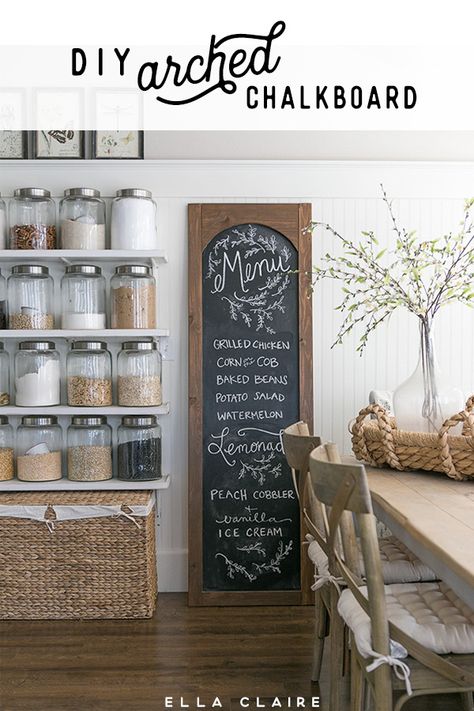 Easy DIY arched menu chalkboard- so cute for Farmhouse vintage kitchen and perfect for weekly meal planning! #chalkart #ideas #fonts #sign #chalkcoard #DIY Kitchen #Farmhouse Diy Farmhouse Kitchen Decor, Diy Menu, Wall Trends, Kitchen Chalkboard, Deco Champetre, Casa Country, Diy Chalkboard, Chalkboard Wall, Chalkboard Sign