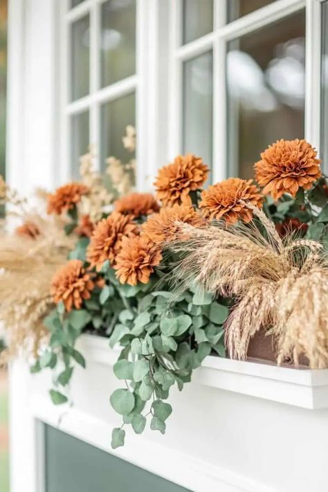 Pinterest-Worthy Fall Window Boxes in 3 Easy Steps Artificial Fall Window Boxes, Halloween Decorations Flowers, Fall Window Boxes Mums, Fall Flower Box Arrangements, Fall Flower Boxes Window, Front Yard Fall Decor Ideas, Front Yard Fall Decor, Fall Flower Boxes, Window Baskets