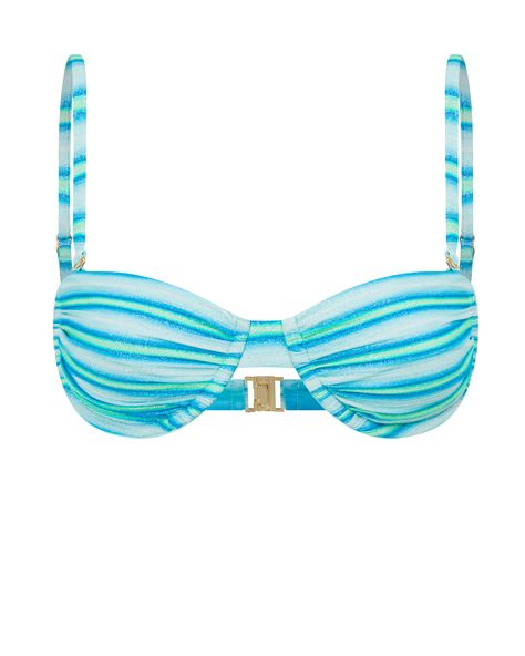 Our newest underwire balconette top with front and side ruching, adjustable straps, and our signature embossed 'LENI' clasp. Featured in Azure, a shimmer stripe with an array of dreamy blue shades. Surf Shop Aesthetic, Preppy Swimsuit, Balconette Top, Bright Swimwear, Swimsuit Inspo, Trendy Bikinis, Trendy Swimsuits, Cruise Outfits, Cute Bathing Suits