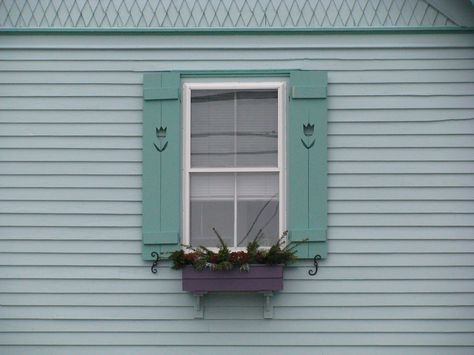 these cut-out tulip shutters and the color of the flower box.  the trim above.....i love all of it. Cute Shutters, Exterior Shutters With Cutouts, Cutout Shutters, Flower Boxes Ideas, Home Design Board, Heart Shutters, Jendela Vintage, Workshop Exterior, Exterior Wood Shutters