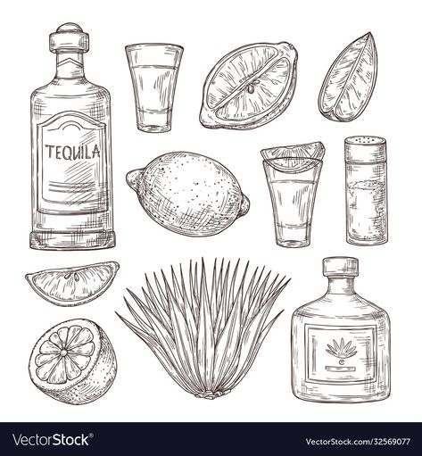 Tequila Drawing, Shot Glass Drawing, Tequila Shot Tattoo, Shot Glass Tattoo, Tequila Tattoo, Drawing Alcohol, Tequila Art, Lime Vector, Alcohol Design