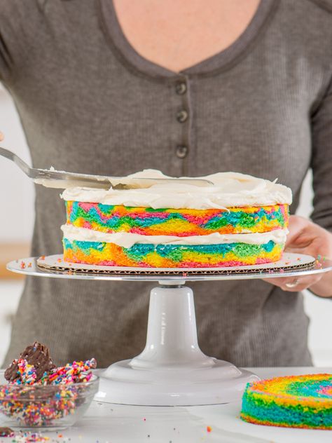 The Tie-Dye Cake Recipe Birthday Pajamas, Baked By Melissa, Vanilla Icing, White Icing, Cake Bars, Pastry Bag, Baking And Pastry, Rainbow Birthday, Cake Batter