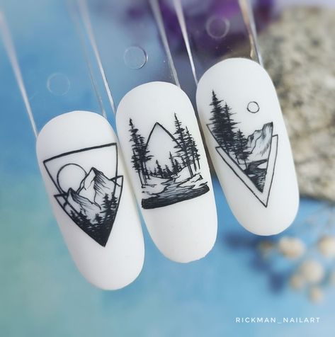 Nail Art Landscape, Chill Nails, Forest Nail Art, Mountain Nail Art, Mountain Nails, Nail Flower, Black And White Nail Art, Water Color Nails, Bride Nails