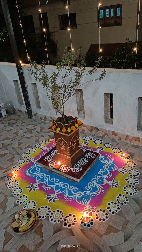 Tulsi Poojan Rangoli, Tulsi Border Rangoli, Rangoli Designs For Tulsi Pooja, Rangoli Around Tulsi Pot, Tulsi Puja Images, Tulasi Pooja Rangoli, Tulsi Puja Rangoli Design, Rangoli Near Tulsi Plant, Rangoli For Tulsi Pooja