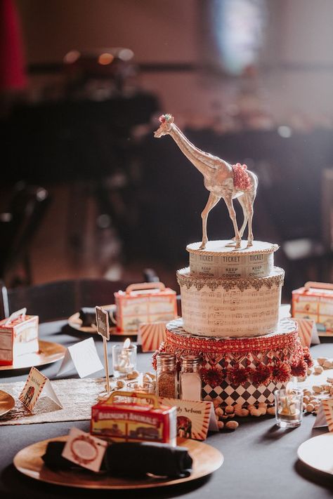 Giraffe Circus-inspired Table Centerpiece from The Greatest Showman Inspired Circus Party on Kara's Party Ideas | KarasPartyIdeas.com (22) Animal Cracker Favors, Circus Centerpieces, Vintage Circus Theme, Vintage Circus Party, Cake Centerpieces, Circus Wedding, Circus Theme Party, Party Table Centerpieces, Circus Birthday Party