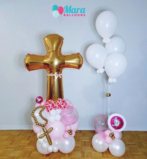 Baby Shower Girl Diy, Balloons Bouquet, Balloons Decor, First Communion Decorations, Communion Decorations, Baptism Decorations, Personalized Balloons, Balloon Ideas, Balloon Stands