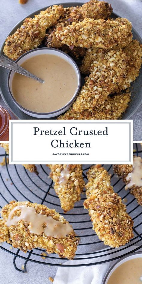 Pretzel Crusted Chicken is crispy, juicy, and packed full of delicious flavor. With only 9 ingredients, it will become your new go to meal. Boneless Chicken Breast Recipe, Pretzel Chicken, Pretzel Crusted Chicken, Mustard Pretzels, Homemade Pancakes Fluffy, Honey Mustard Pretzels, Honey Mustard Recipes, Crusted Chicken Recipes, Crusted Chicken Tenders