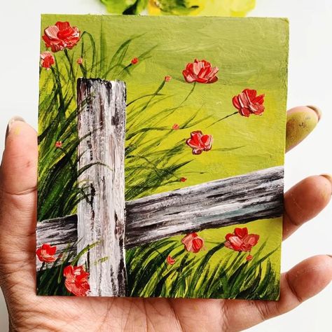 Fence Acrylic Painting, Spring Paintings Easy, Simple Spring Painting, Spring Painting Ideas Easy, Garden Painting Easy, Spring Canvas Painting Ideas Easy, Spring Canvas Painting, Spring Painting Ideas On Canvas, Spring Painting Ideas