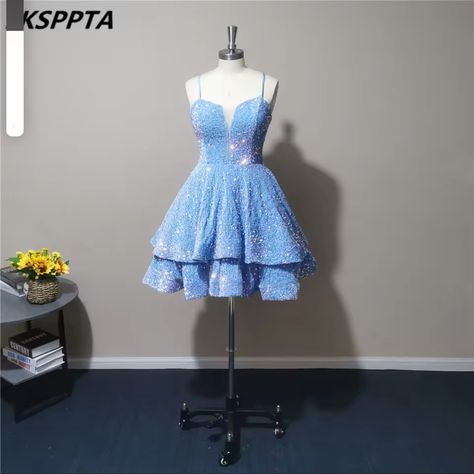 Baby Blue Prome Dresses Short A Line Tiered Skirt Spaghetti Straps Elastic Sequins Shiny Birthday Party Gowns For Women Customize Light Blue Sparkly Hoco Dress, Cheap Pretty Dresses, Prome Dresses, Sweet 16 Dresses Blue, Dnd Clothes, Sweet 16 Dresses Short, Sparkly Hoco Dress, Short Sparkly Dresses, Blue Graduation Dresses