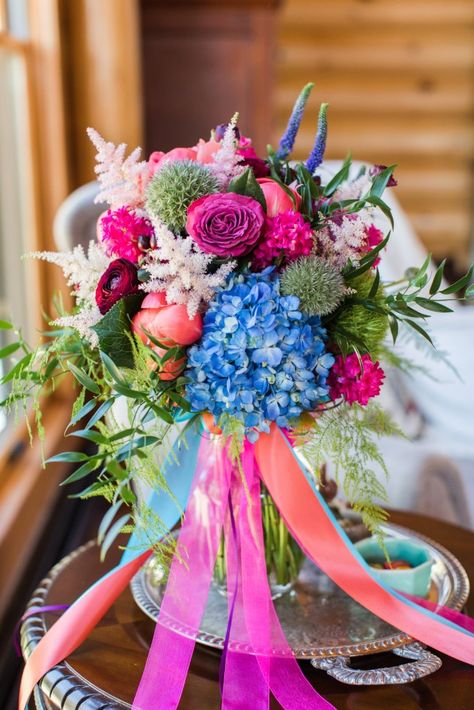 Pink Yellow Blue Bridal Bouquet, Pink And Blue Prom Bouquet, Homecoming Bouquet Ideas, Spring Bouquet Wedding, Wedding Bouquets Purple, Hot Pink Bouquet, Blue Red Wedding, Fuschia Wedding, Pink Purple Wedding